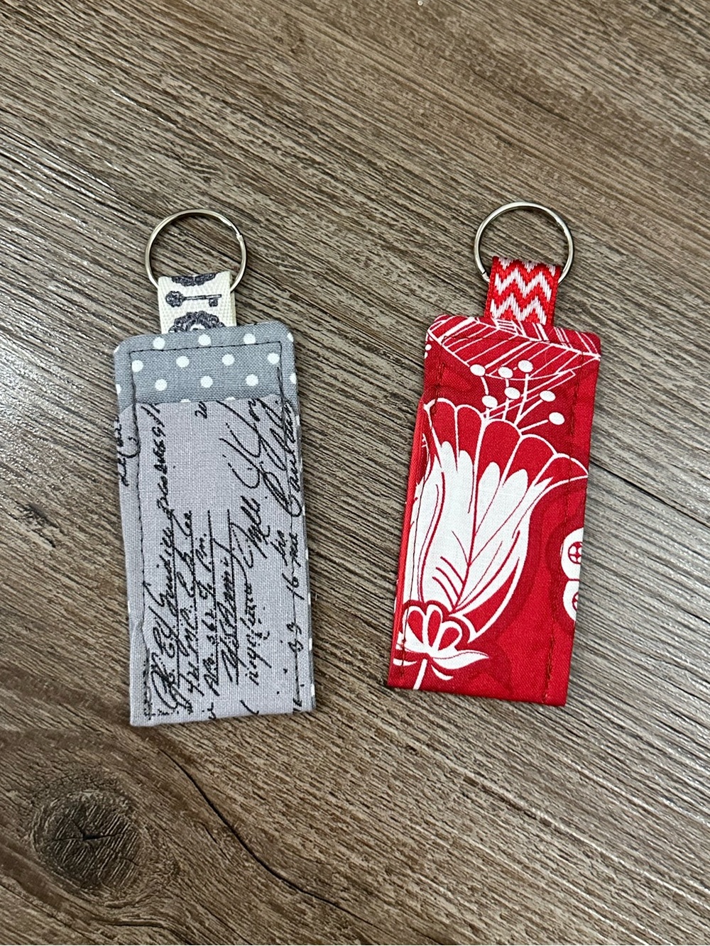 Handmade Fabric Chapstick Holder Key ChainSet - Red Floral & Gray Script
